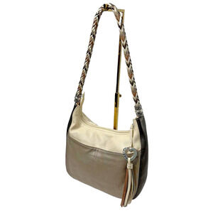 Brighton Barbados Shoulder Handbag Colorblock Brown Beige Leather Tassel Hobo